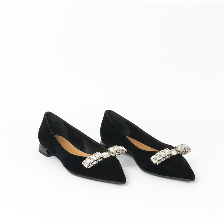 CH - Ballerina a punta in velluto con fiocco strass - nero