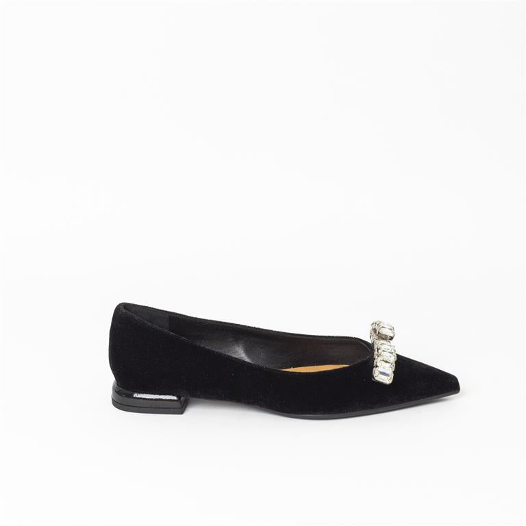 CH - Ballerina a punta in velluto con fiocco strass - nero