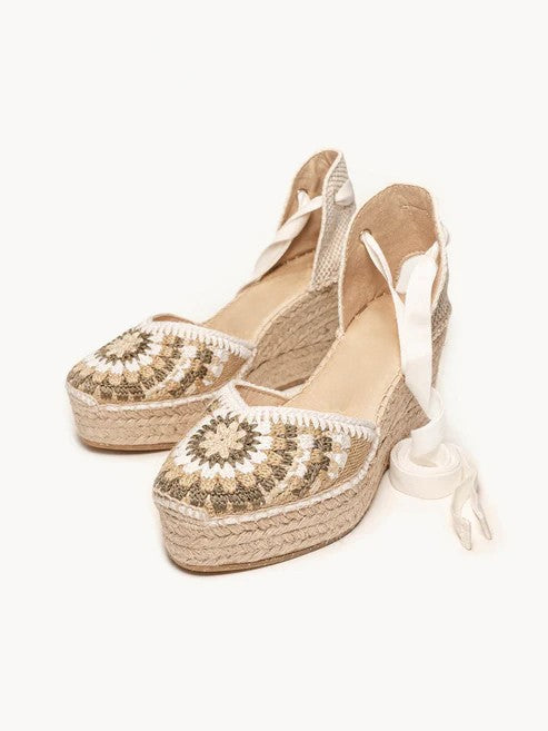 AH - Espadrillas con zeppa media crochet - ecru/naturale/verde militare