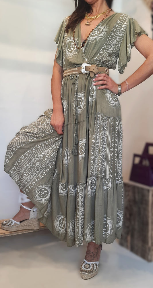 ND - Abito con balze e coulisse - verde stampa Om - Krisna