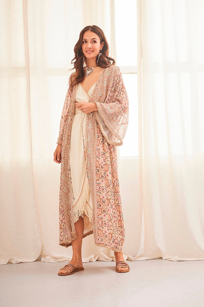 GYPSY - Kimono lungo con frange - beige NILMA