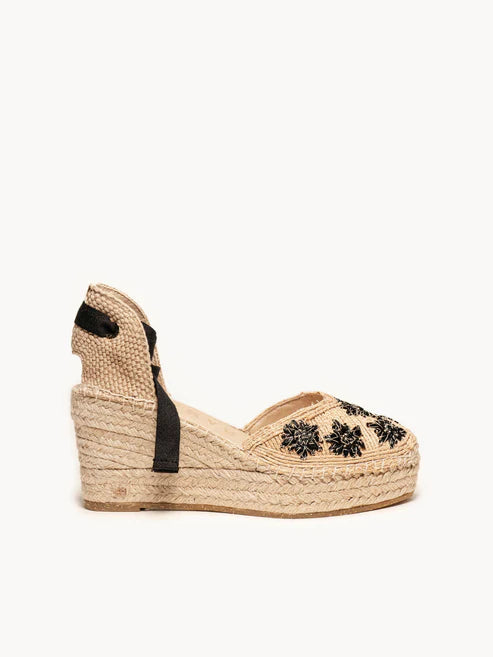 AH - Espadrillas zeppa media crochet - rafia naturale/nero