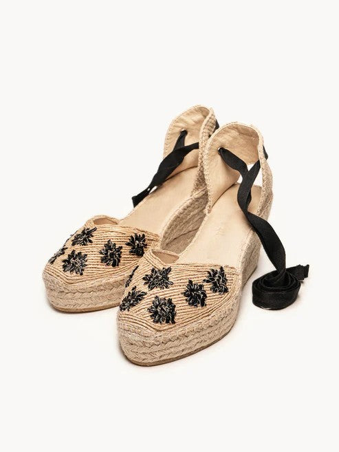 AH - Espadrillas zeppa media crochet - rafia naturale/nero