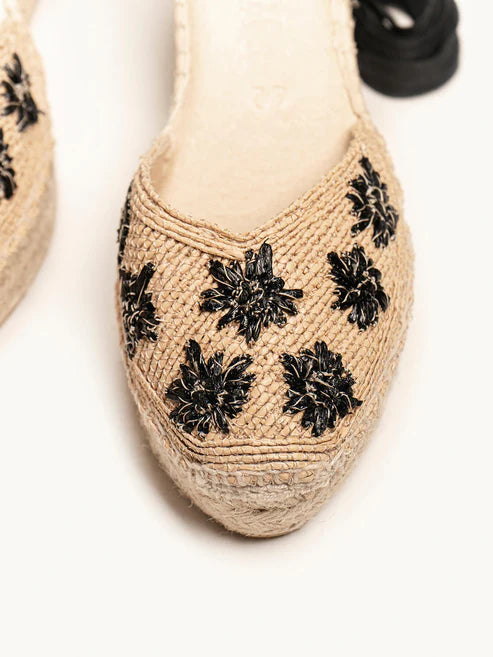 AH - Espadrillas zeppa media crochet - rafia naturale/nero