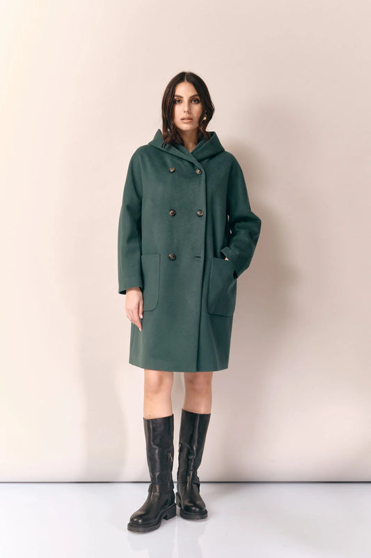 WW - Cappotto doppiopetto con cappuccio e tasconi a toppa – verde bosco 19410